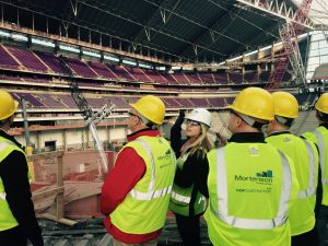 Kruger (middle in white hard hat) gives tour of U.S. Bank Stadium to ISU CCEE faculty, staff (Photo by Beth Hartmann)