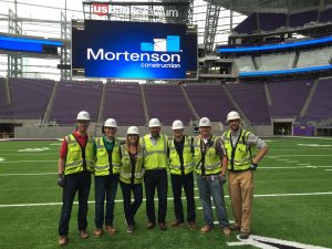 Kruger (third from left) inside U.S. Bank Stadium with fellow ISU CCEE alums and interns working for Mortenson Construction (Photo courtesy Mortenson Construction)