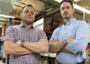 Laflamme (left) and Ashlock (right) stand in one of the CCEE Department's labs on campus (Photo by Kate Tindall for ISU CCEE Department)