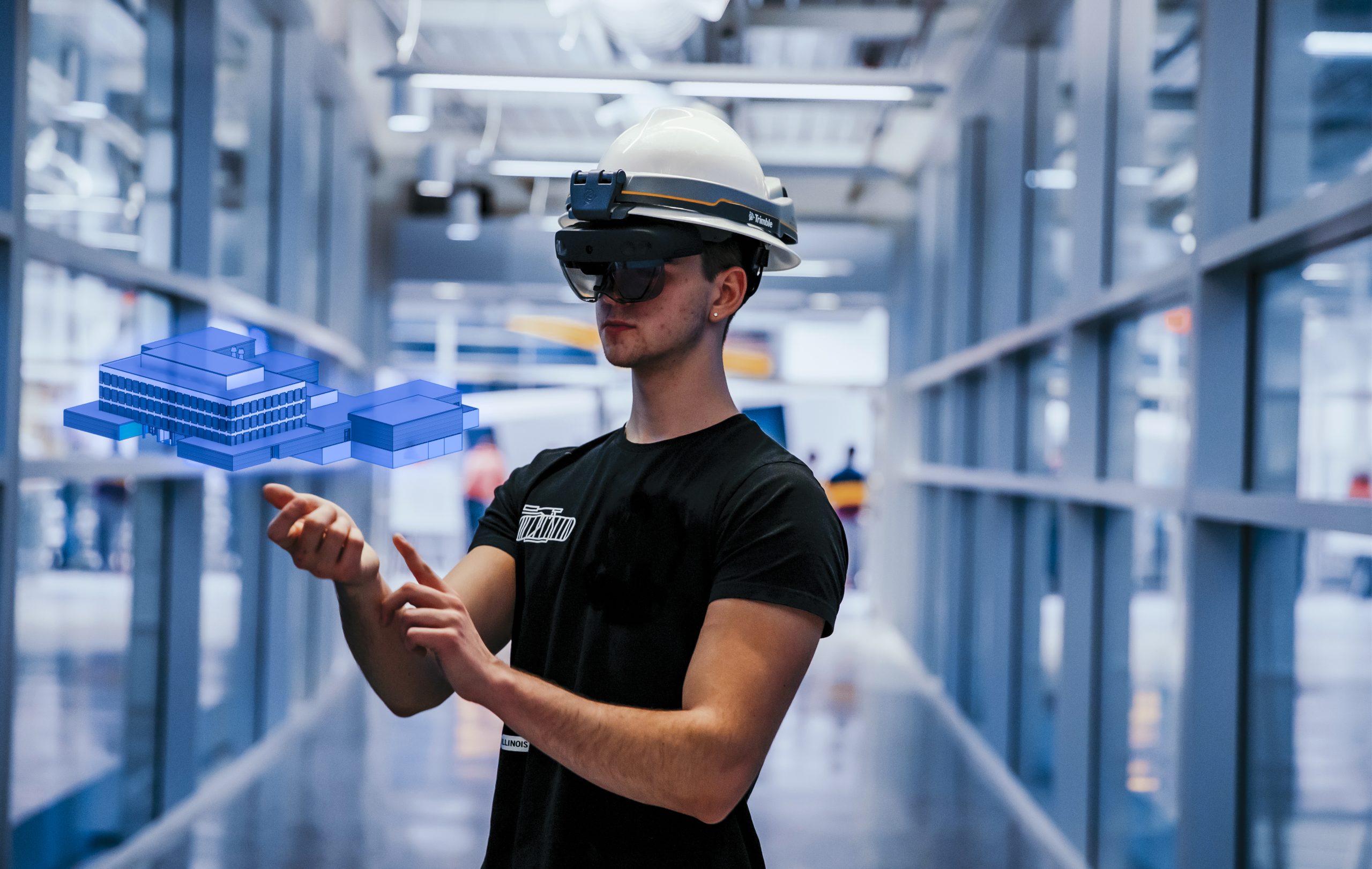 Student wearing a virtual reality hard hat