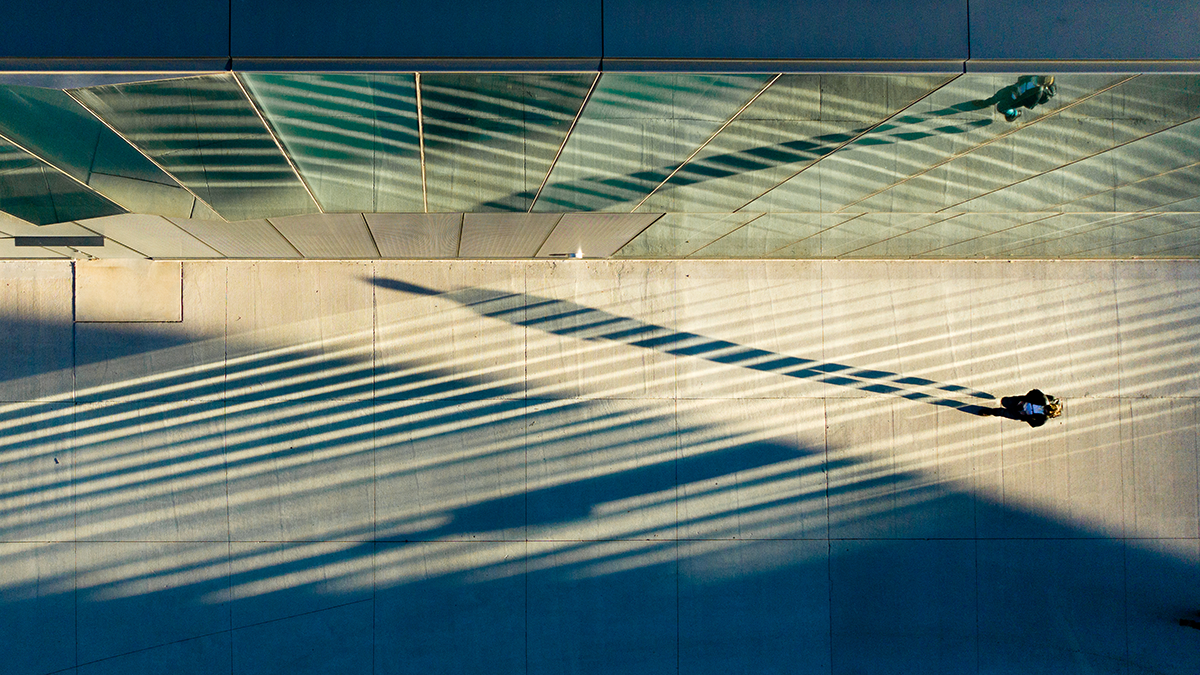 Drone view of light patterns reflected off of the Student Innovation Center